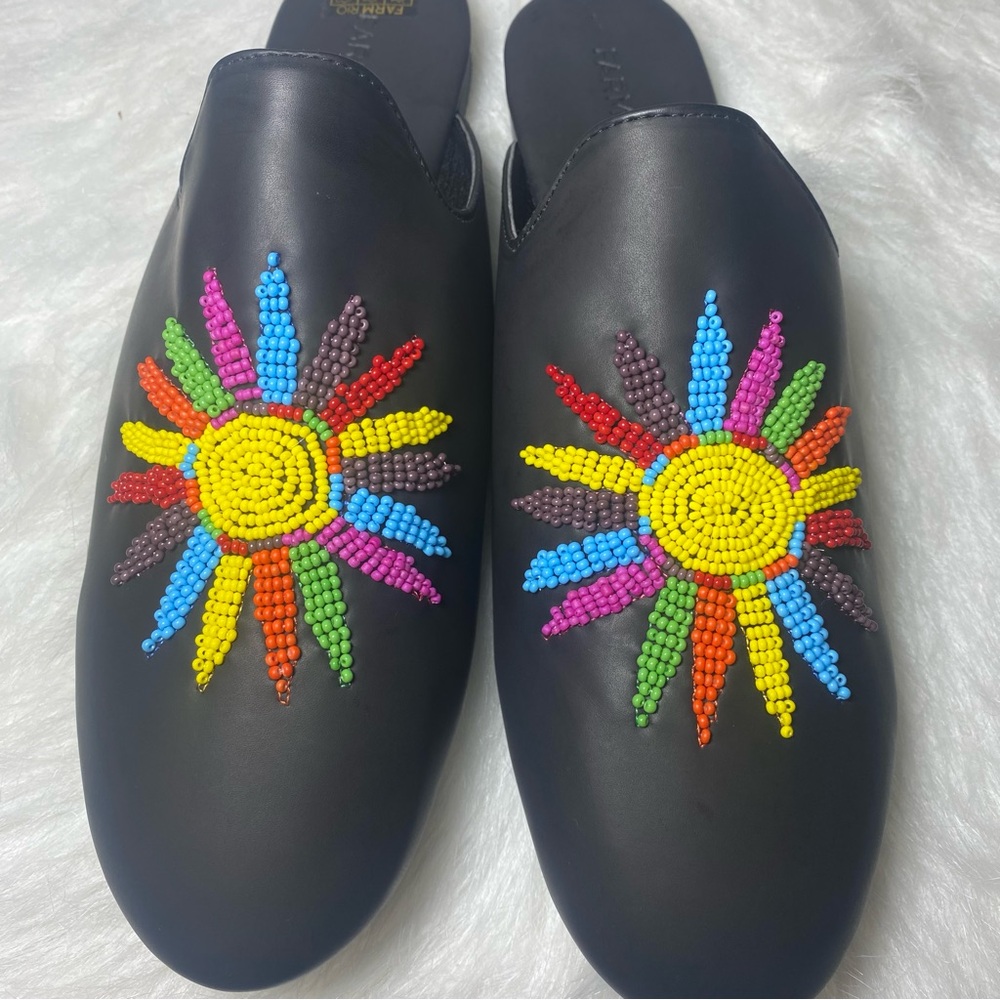FARM Rio Black Sunshine Flat Mules with Colorful Bead Design Sz 10 - Picture 3 of 10